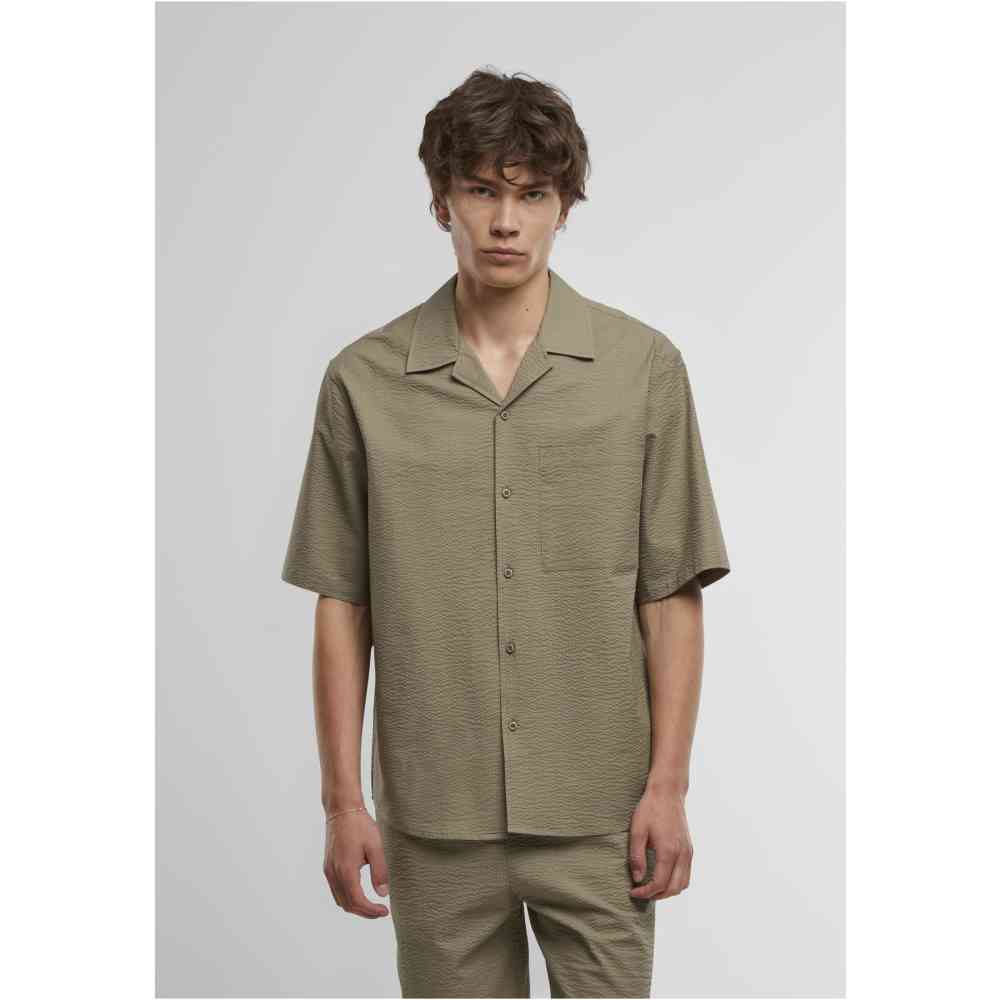 Urban Classics - Relaxed Seersucker Short Sleeve Overhemd - Olijfgroen